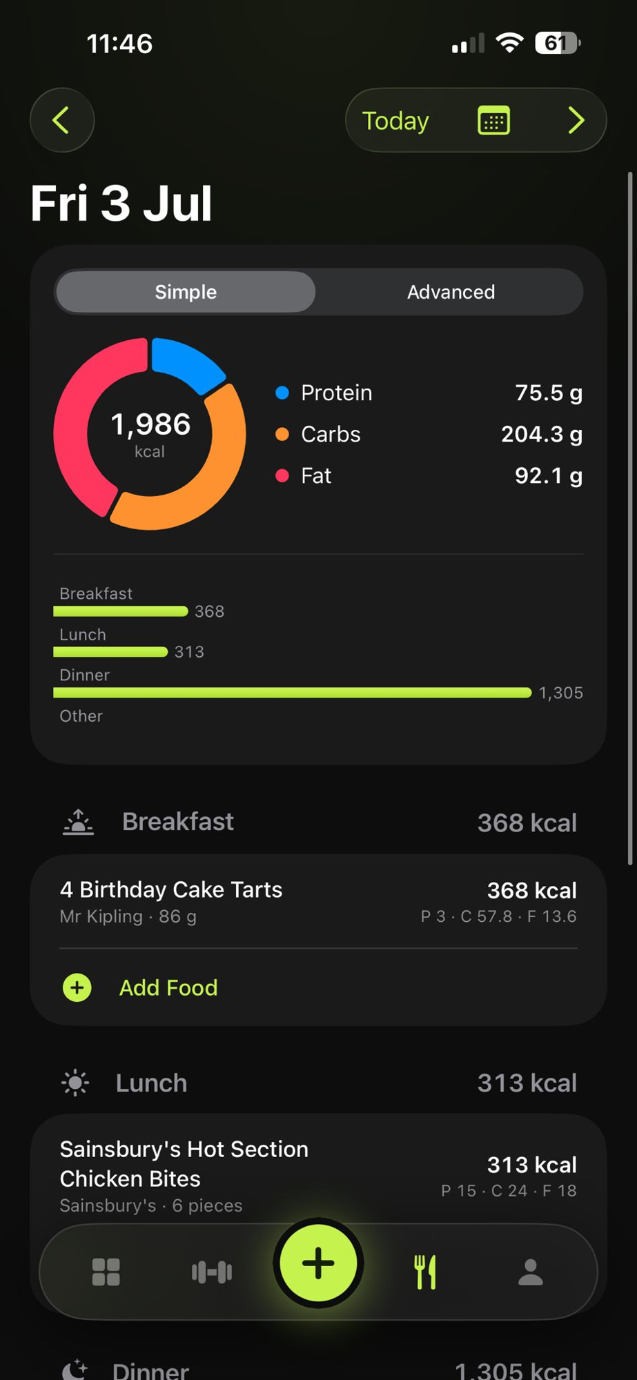 Jym nutrition diary with a macro breakdown